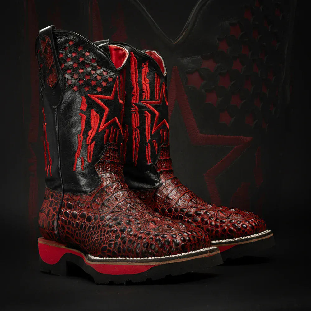 King Welt Boots Men's Thin Blue Line 11' Caiman Tribute Work Boots Red Color - King Welt