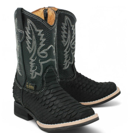 La Carreta Boots Black / 7 Kid's Python Print Genuine Leather Square Toe Boots