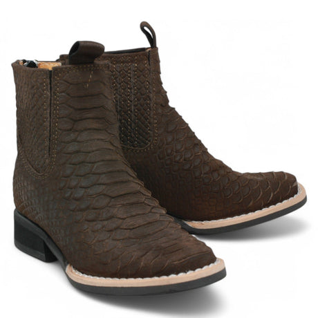 La Carreta Boots Brown / 7 Kid's Python Print Genuine Leather Square Toe Short Boots