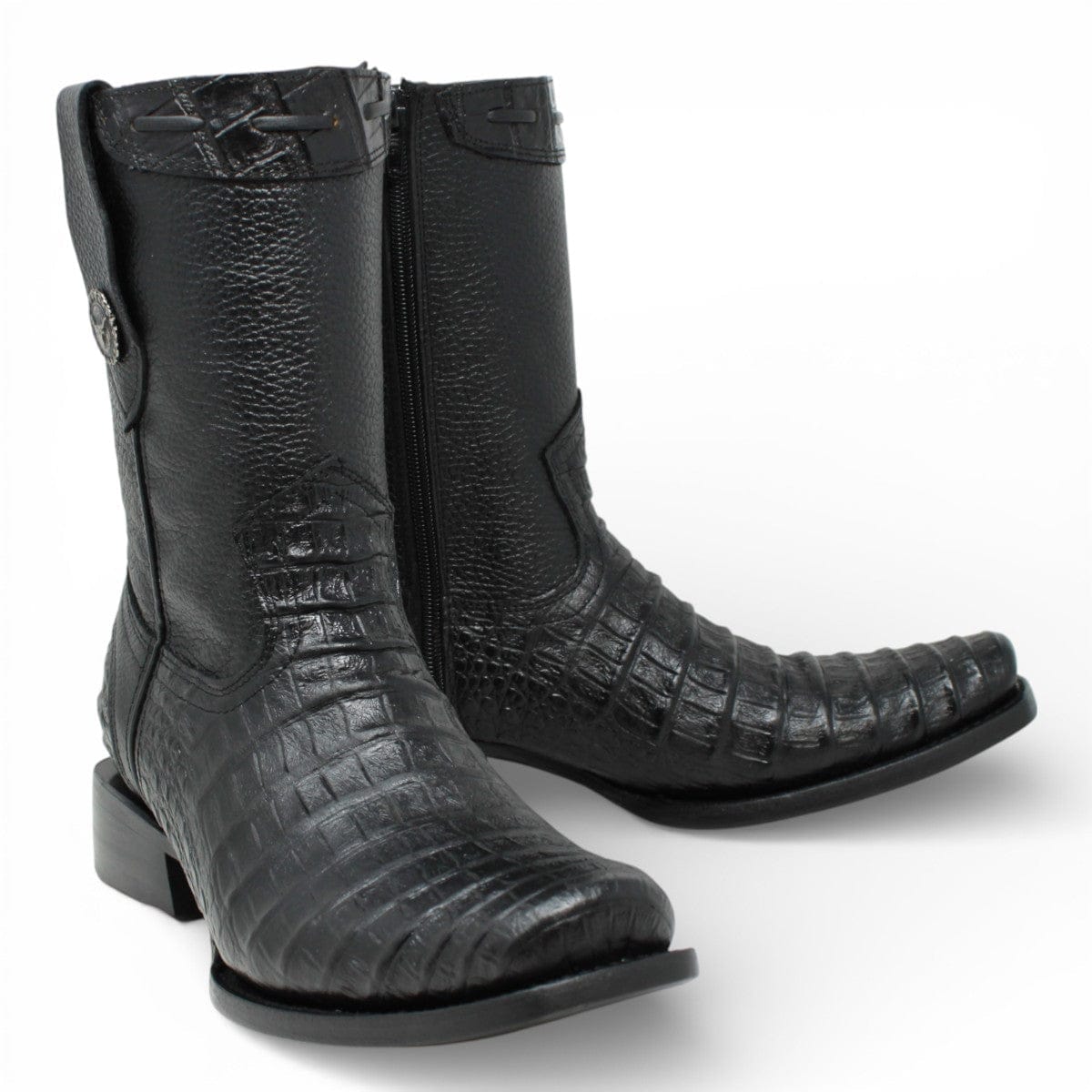 La Carreta Boots Men's Caiman Belly Print Leather Dubai Toe Boots Black Color - La Carreta