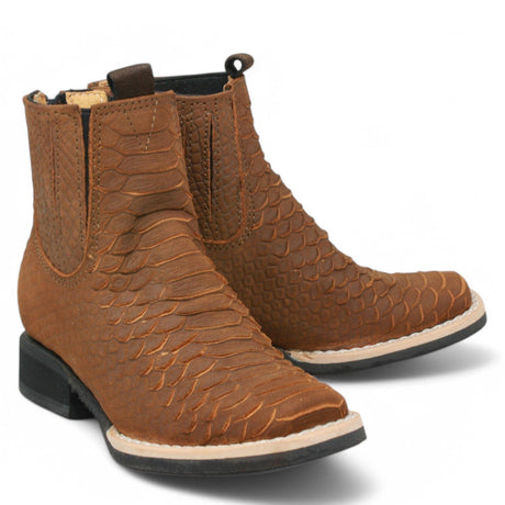 La Carreta Boots Tan / 7 Kid's Python Print Genuine Leather Square Toe Short Boots
