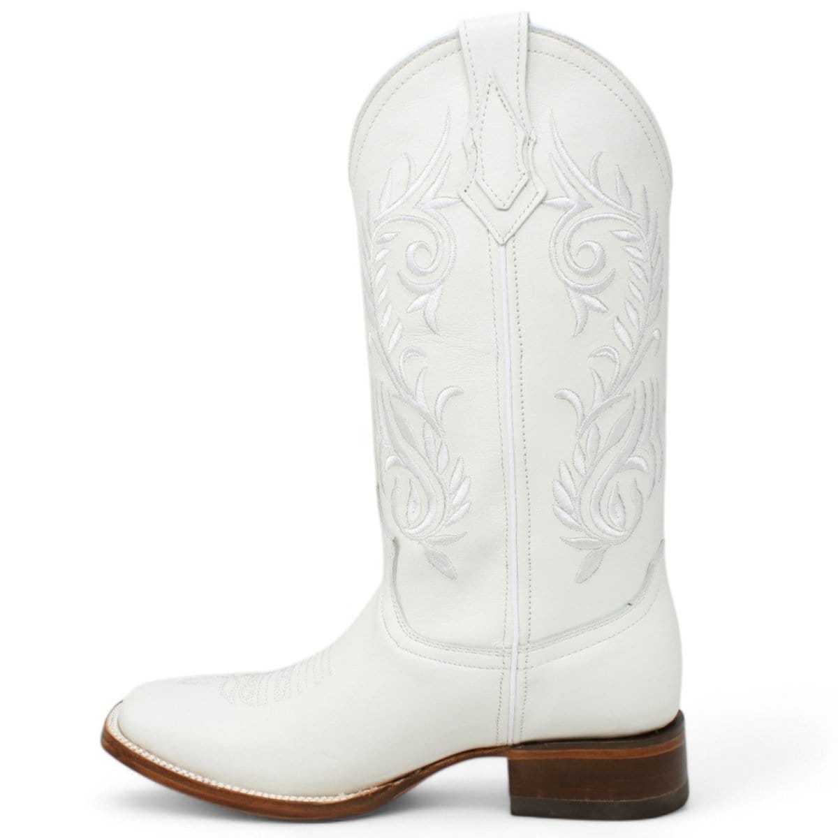 Women´s Genuine Leather Wide Square Toe Boots With embroidered Design - White Color - La Carreta left side view