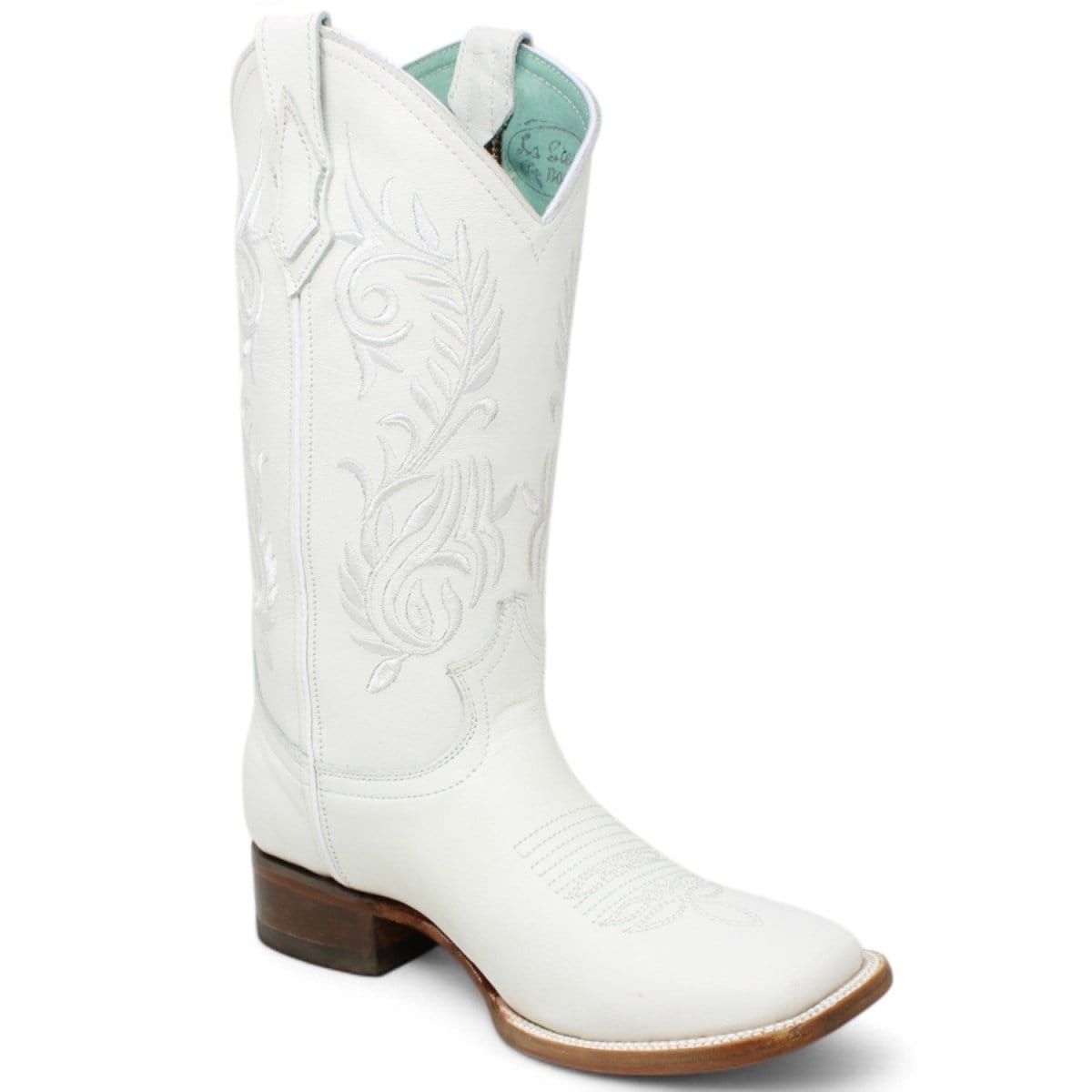 Women´s Genuine Leather Wide Square Toe Boots With embroidered Design - White Color - La Carreta side view