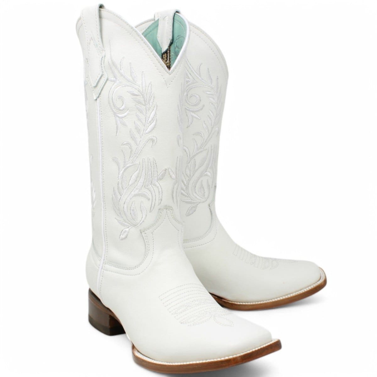 Women´s Genuine Leather Wide Square Toe Boots With embroidered Design - White Color - La Carreta pair view