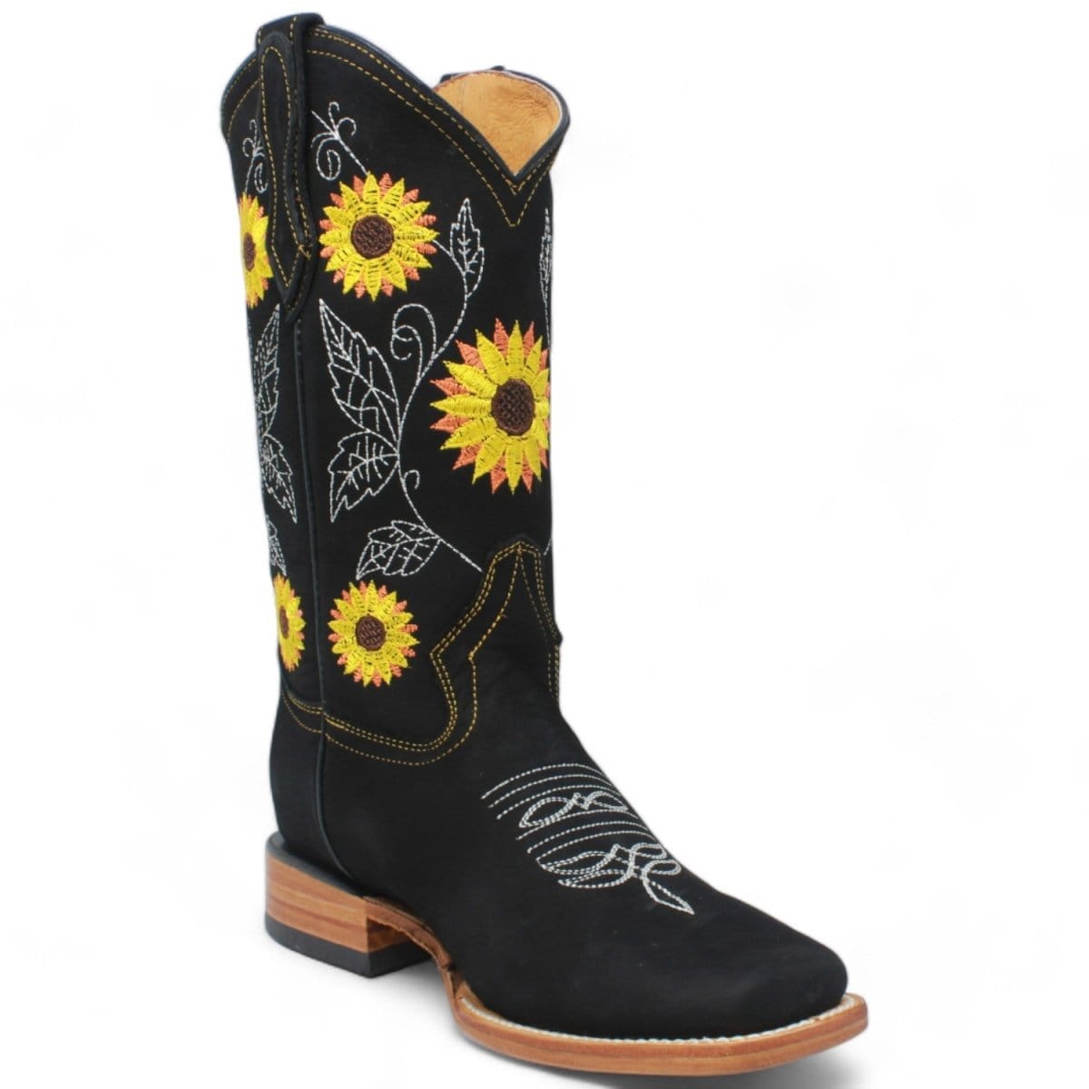 Women´s Genuine Leather Rodeo Wide Square Toe With embroidered SunFlowers - Black Color - La Carreta side view