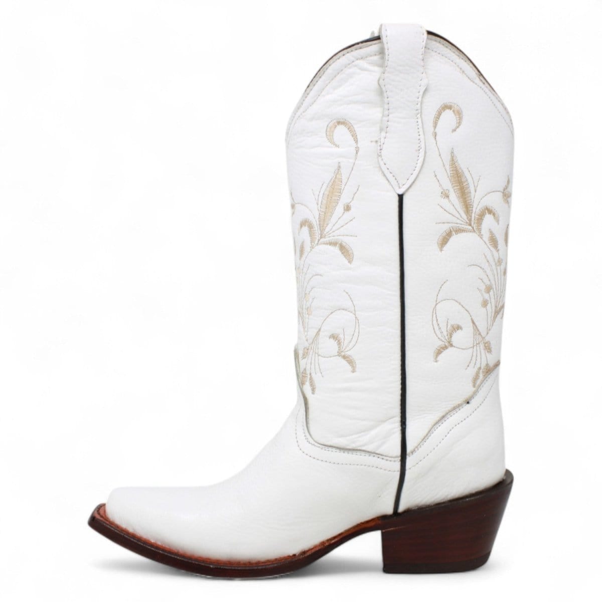 Women´s Genuine Leather J Toe Boots With embroidered Design - White Color - La Carreta left side view