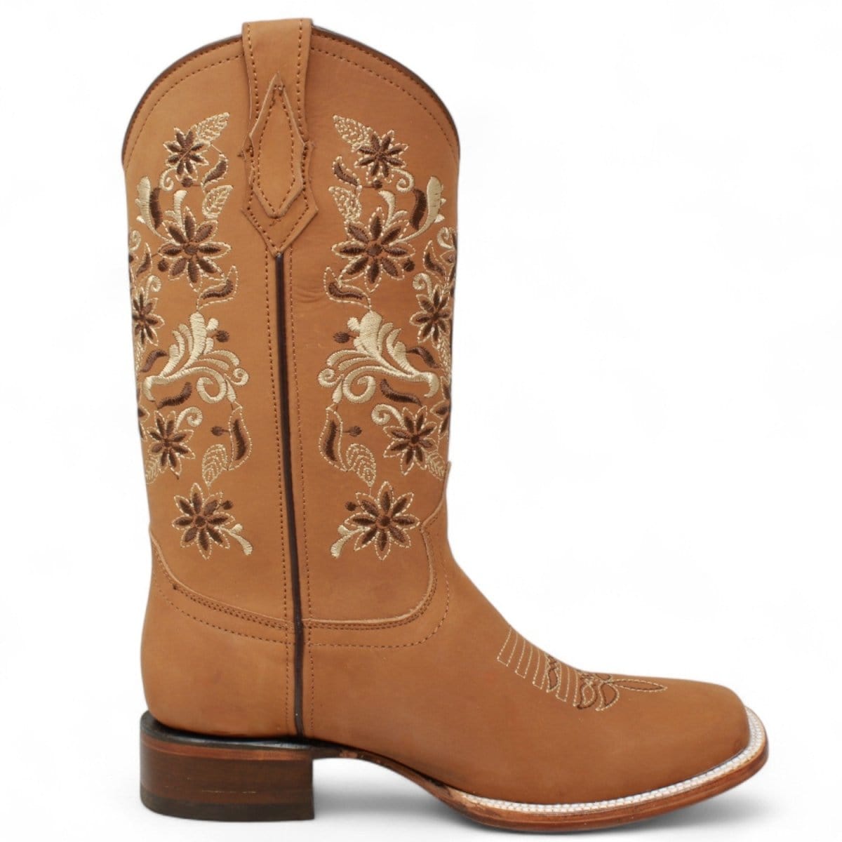 Women´s Genuine Crazy Leather Rodeo Toe With embroidered Flowers - Golden Tan Color - La Carreta right side