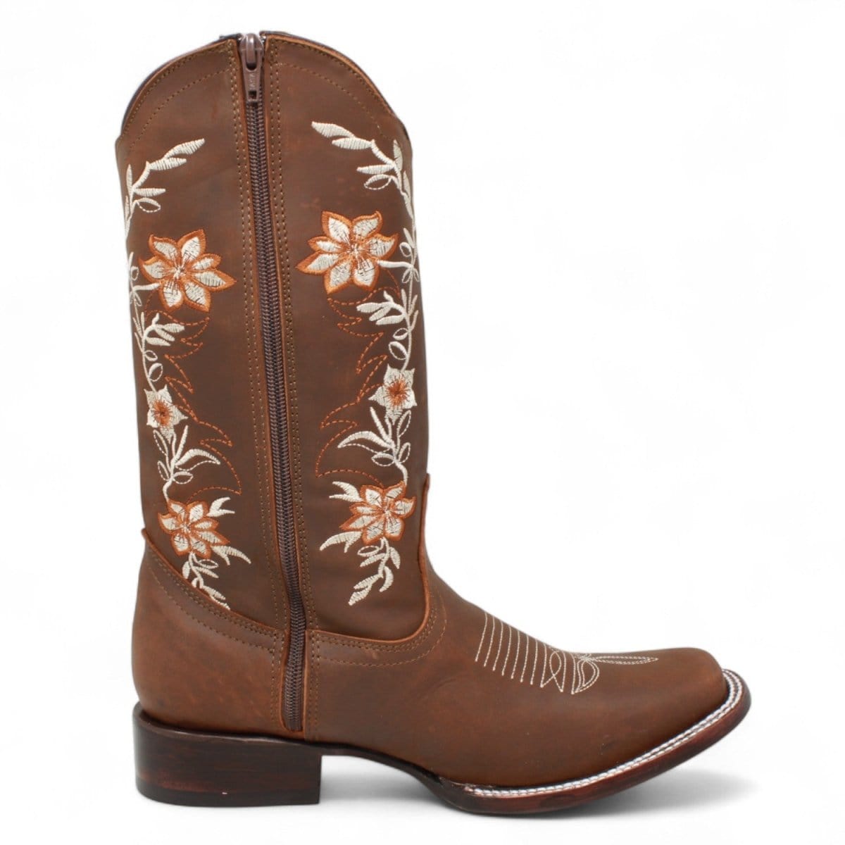 Women´s Genuine Crazy Leather Rodeo Toe With embroidered Flowers - Brown Color - La Carreta right side
