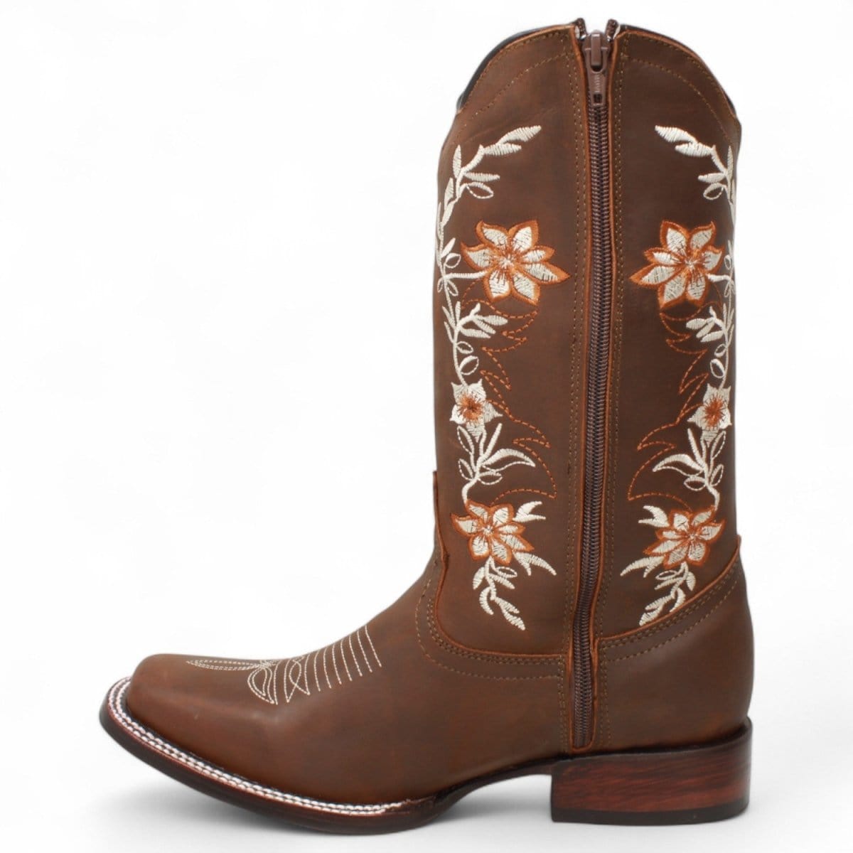 Women´s Genuine Crazy Leather Rodeo Toe With embroidered Flowers - Brown Color - La Carreta left side