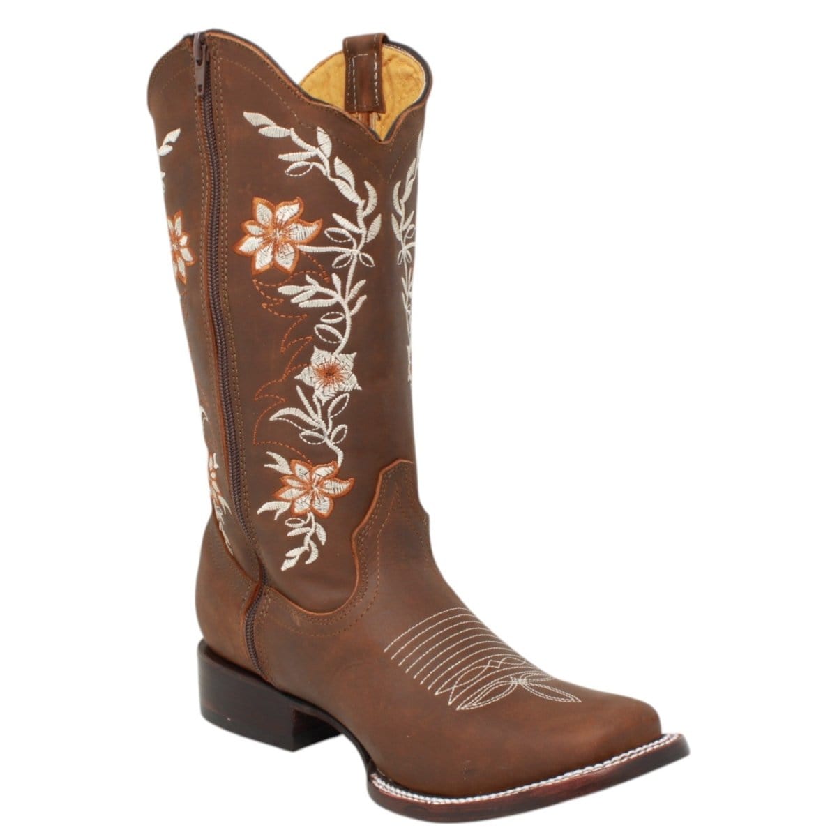 Women´s Genuine Crazy Leather Rodeo Toe With embroidered Flowers - Brown Color - La Carreta side