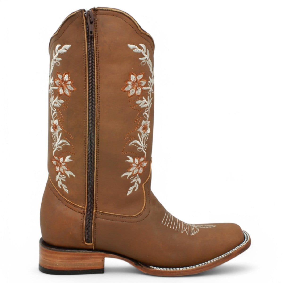 Women´s Genuine Crazy Leather Rodeo Toe With embroidered Flowers - Tan Color - La Carreta right side