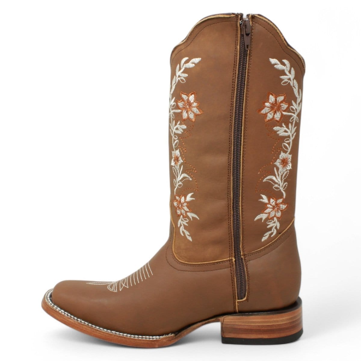 Women´s Genuine Crazy Leather Rodeo Toe With embroidered Flowers - Tan Color - La Carreta left side