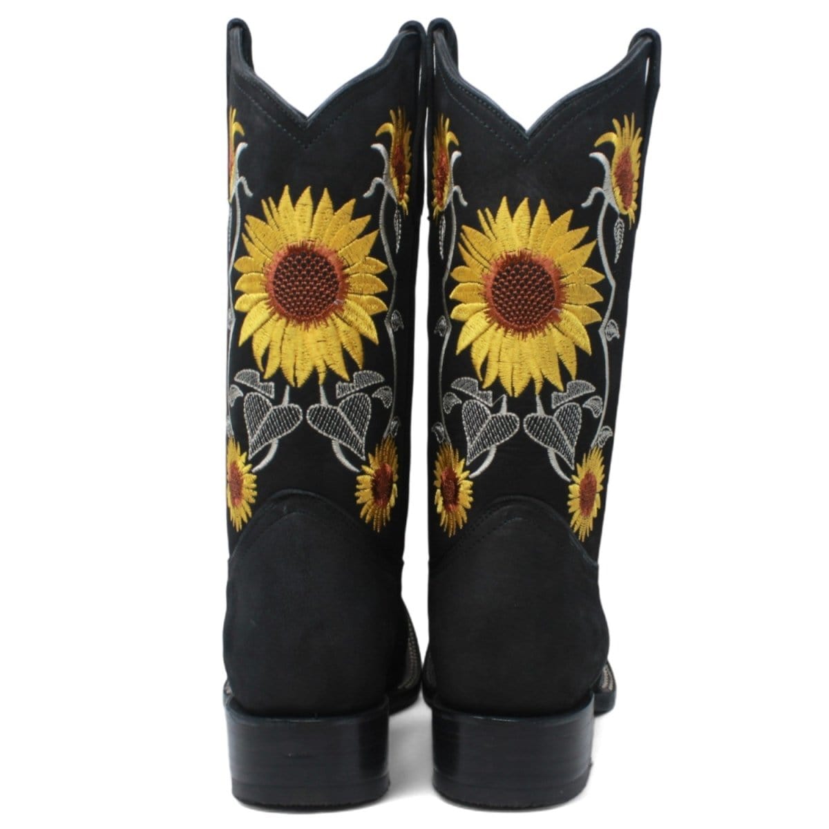Women´s Genuine Leather Square Toe With embroidered SunFlowers - Black Color - La Carreta back view