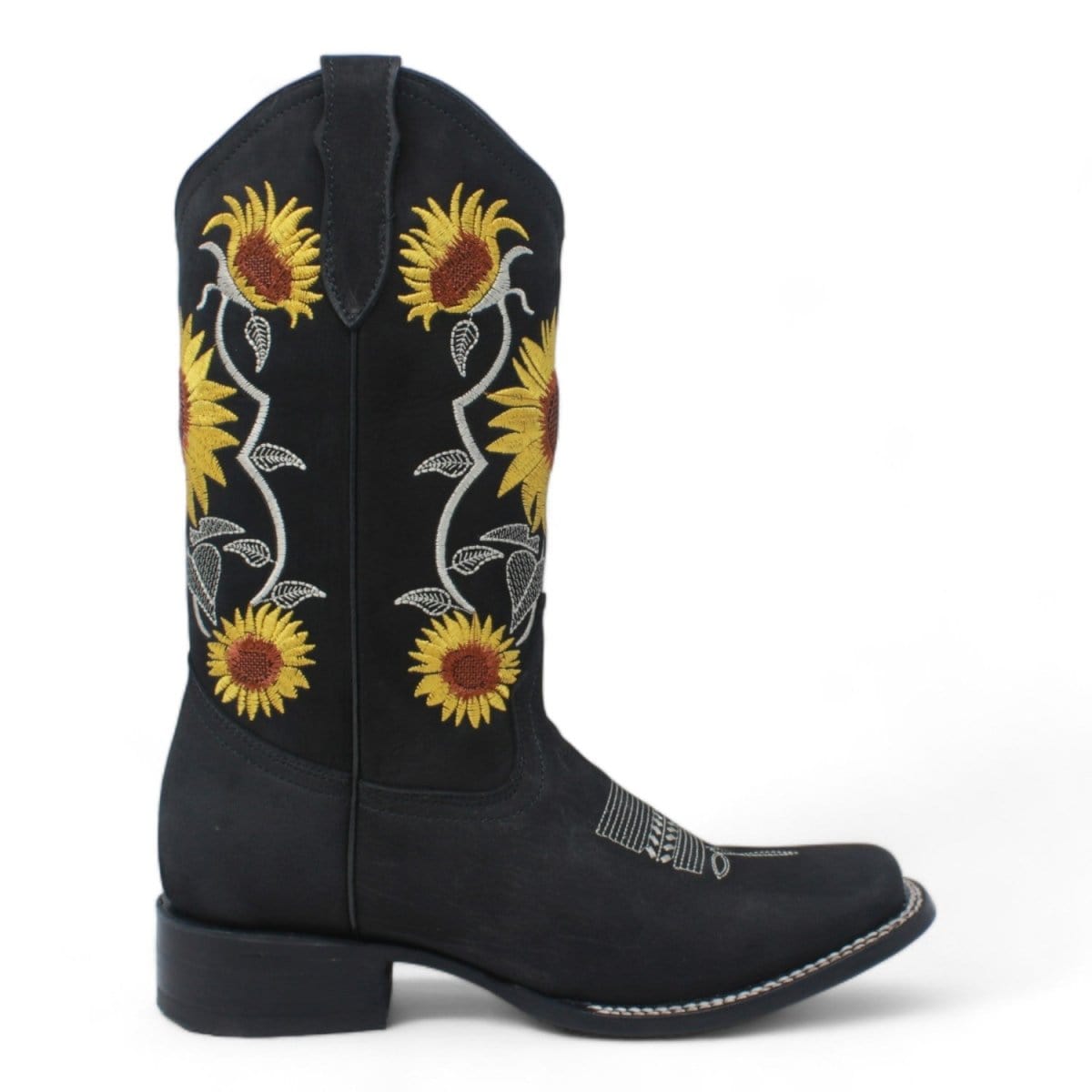 Women´s Genuine Leather Square Toe With embroidered SunFlowers - Black Color - La Carreta right side view