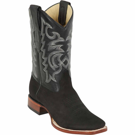 Western Genuine Nobuck Leather Rodeo Wide Square Toe Boots Black Color - Los Altos Boots  - Side View
