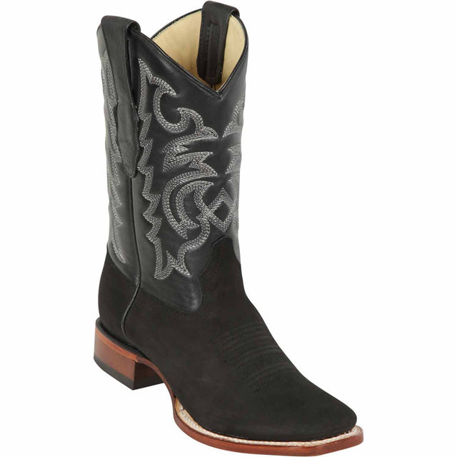 Western Genuine Nobuck Leather Rodeo Wide Square Toe Boots Black Color - Los Altos Boots  - Side View