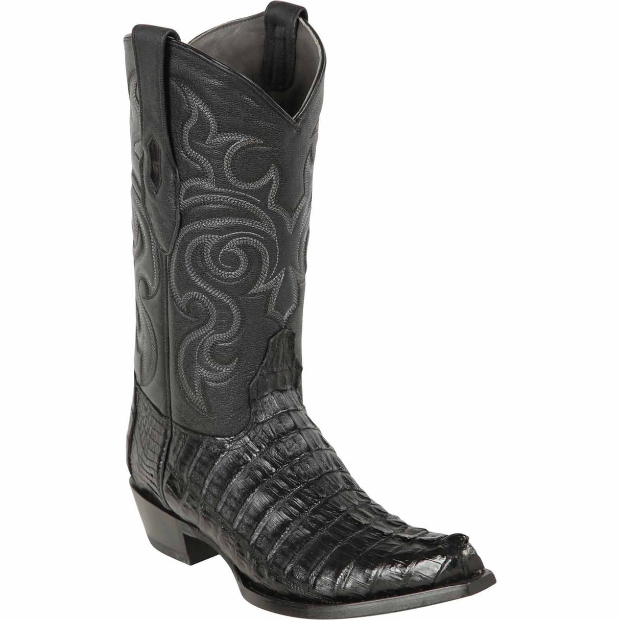 Western Genuine Caiman Tail Snip Toe Boots Black Color - Los Altos Boots - Side View