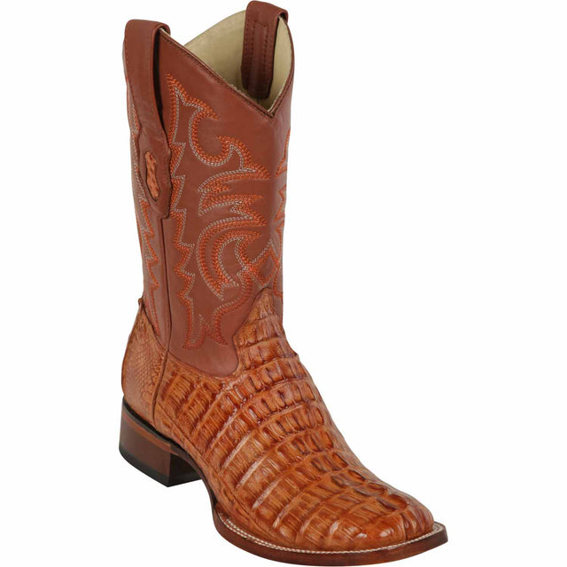 Western Genuine Caiman Tail Skin Rodeo Wide Square Toe Boots Cognac Color - Los Altos Boots - SIde View