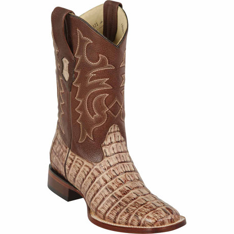 Western Genuine Caiman Tail Skin Rodeo Wide Square Toe Boots Moka Color - Los Altos Boots - SIde View