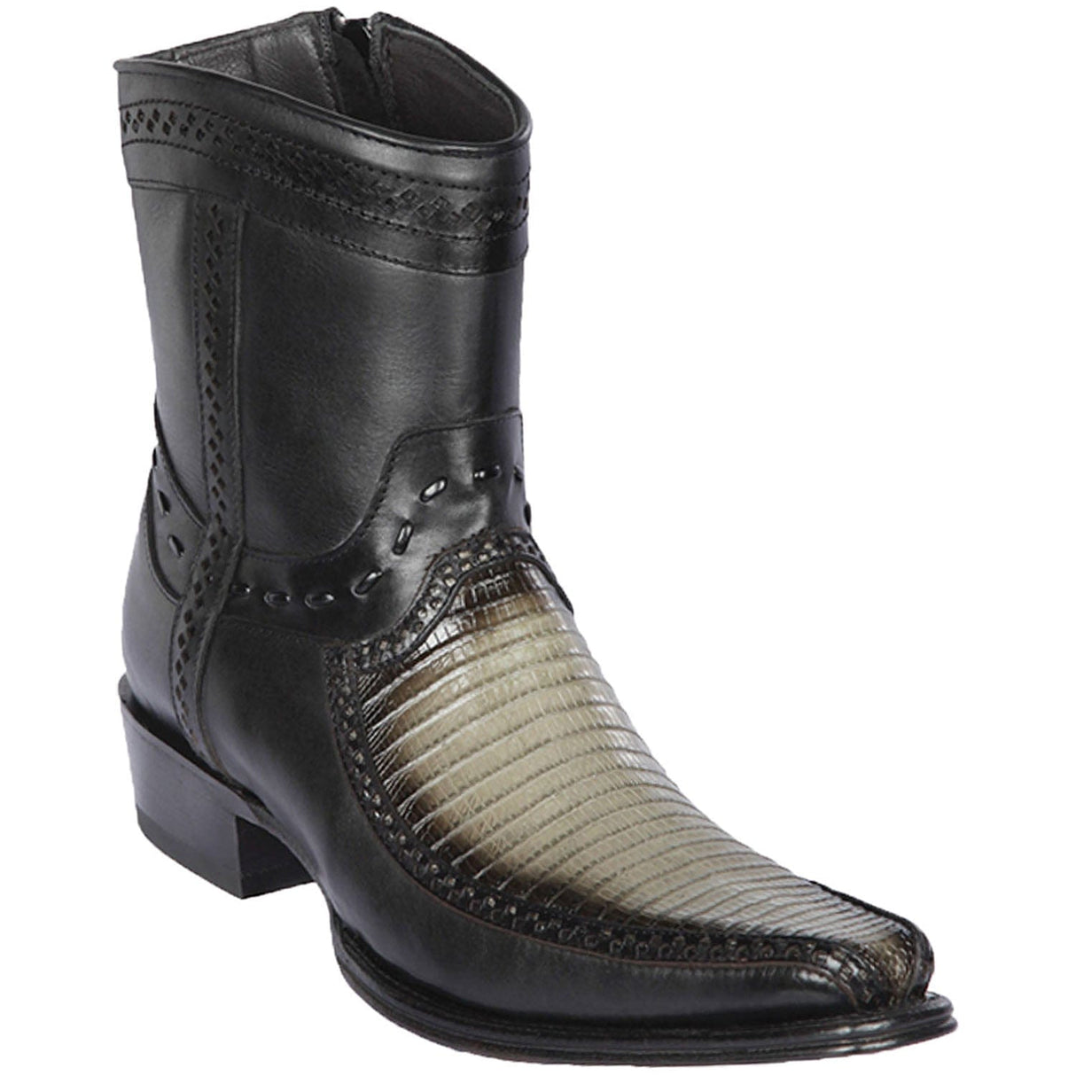 Men's Genuine Teju Lizard and Deer Skin European Square Toe Short Boots With Zipper Faded Gray Color - Los Altos Boots