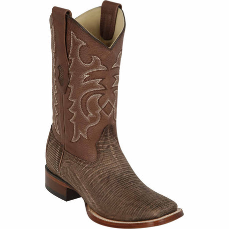 Western Genuine Teju Lizard Skin Rodeo Wide Square Toe Boots Sanded Brown Color - Los Altos Boots - Side View