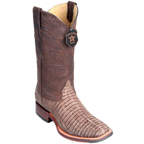 Western Genuine Teju Lizard Skin Rodeo Wide Square Toe Boots Sanded Brown Color - Los Altos Boots - Side View