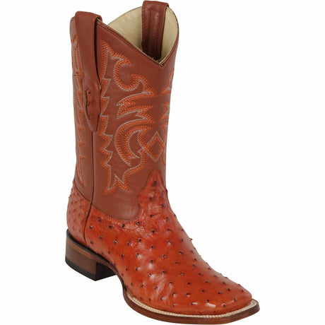 Western Genuine Ostrich Skin Rodeo Wide Square Toe Boots Cognac Color - Los Altos Boots - SIde View