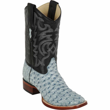 Western Genuine Ostrich Skin Rodeo Wide Square Toe Boots Rustic Blue Color - Los Altos Boots - Side View