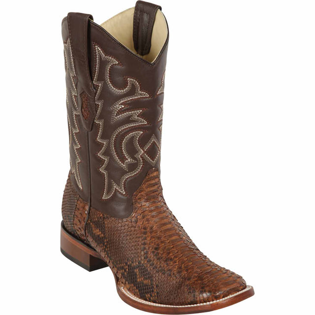 Western Genuine Python Skin Rodeo  Wide Square Toe Boots Porto Brown Color - Los Altos Boots - Side View