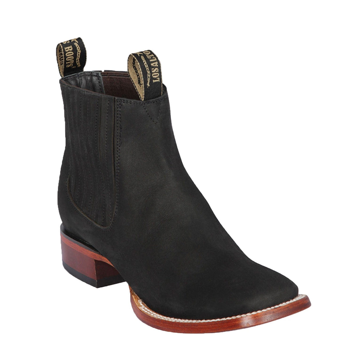 Western Genuine Nobuvk Leather Wide Square Toe Ankle Boots Black Color - Los Altos boots -