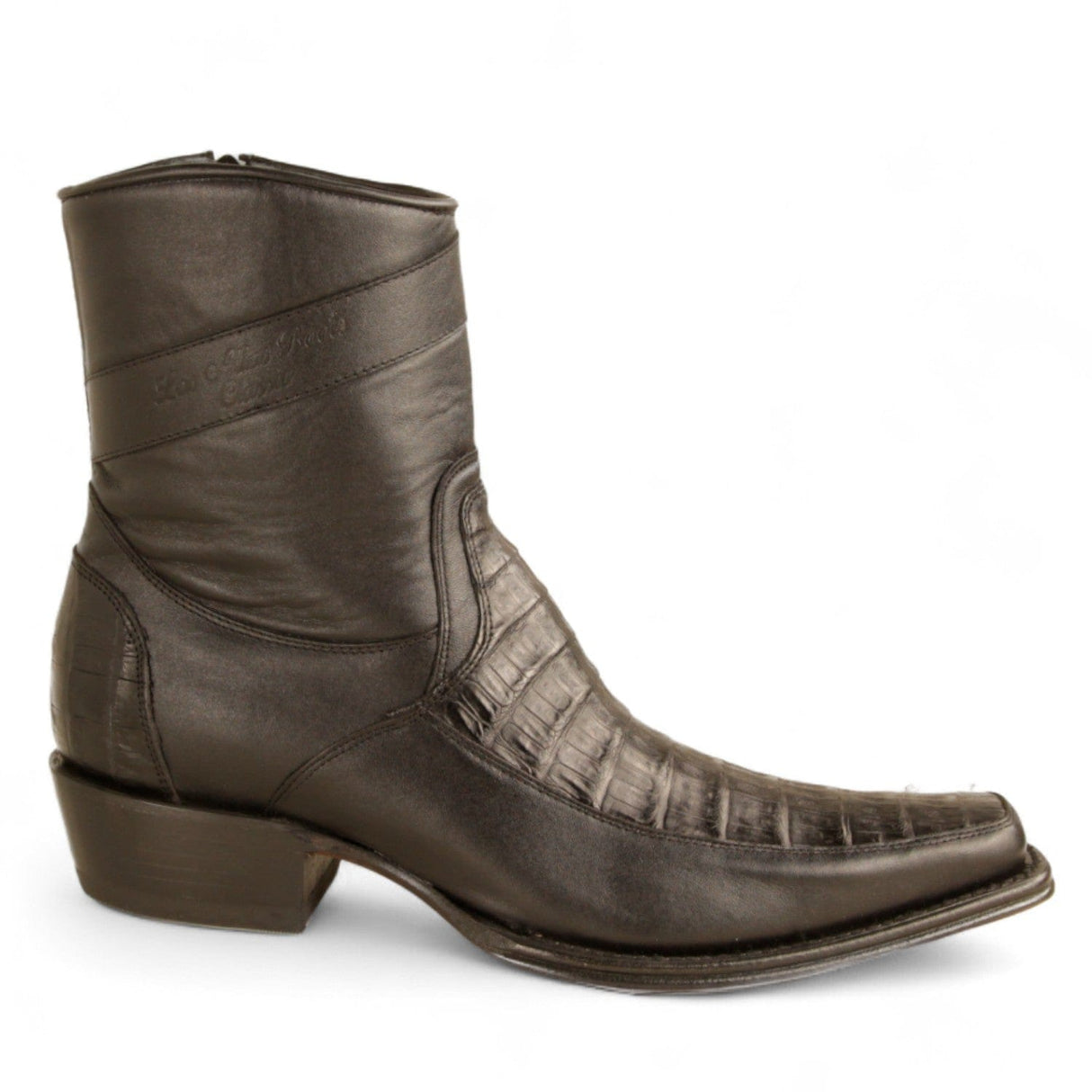 Los Altos Boots Boots Men's Genuine Caiman Belly Skin and Leather European Square Toe Short Boots With Zipper Black Color - Los Altos Boots