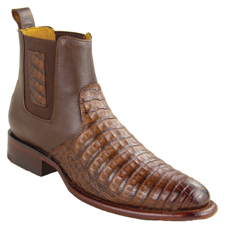 Los Altos Boots Boots Men's Genuine Caiman Belly Skin Roper Toe Ankle Boots Faded Brown Color - Los Altos Boots