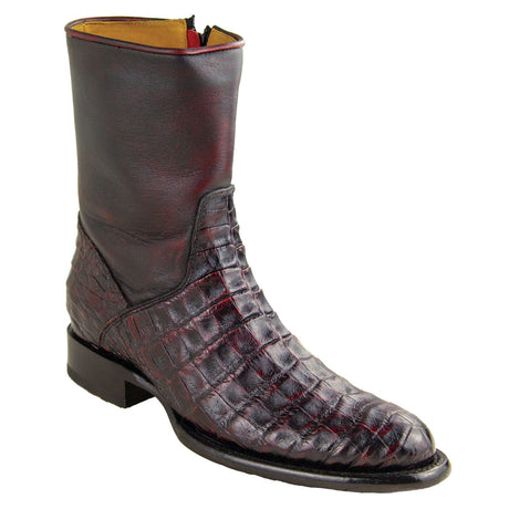Los Altos Boots Boots Men's Genuine Caiman Belly Skin Roper Toe Short Boots With Zipper Black Cherry Color - Los Altos Boots