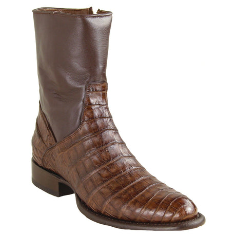 Los Altos Boots Boots Men's Genuine Caiman Belly Skin Roper Toe Short Boots With Zipper Brown Color - Los Altos Boots
