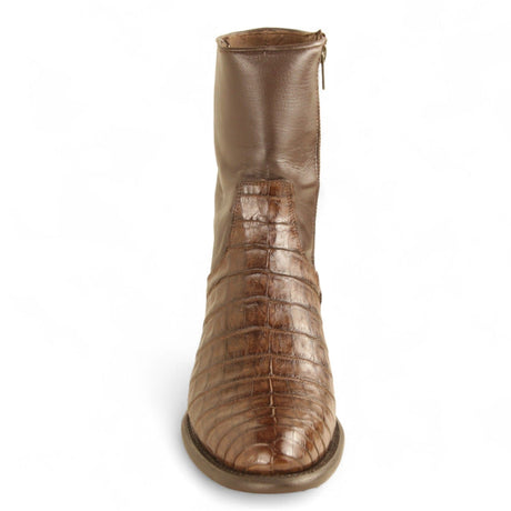 Los Altos Boots Boots Men's Genuine Caiman Belly Skin Roper Toe Short Boots With Zipper Brown Color - Los Altos Boots