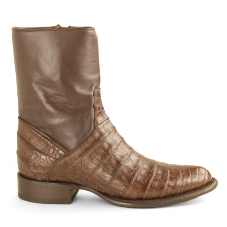 Los Altos Boots Boots Men's Genuine Caiman Belly Skin Roper Toe Short Boots With Zipper Brown Color - Los Altos Boots