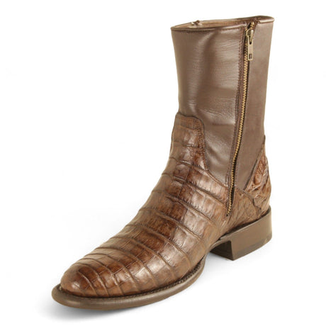 Los Altos Boots Boots Men's Genuine Caiman Belly Skin Roper Toe Short Boots With Zipper Brown Color - Los Altos Boots