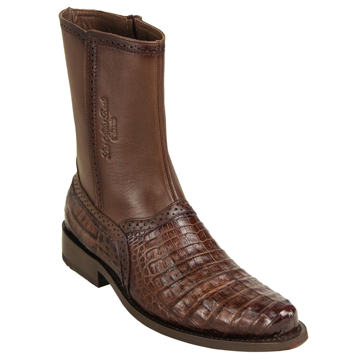 Los Altos Boots Boots Men's Genuine Caiman Belly Skin Round Toe Short Boots With Zipper Faded Brown Color - Los Altos Boots