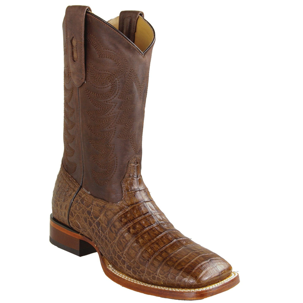 Men's Genuine Caiman Belly Skin Texas Wide Square Toe Boots Brown Color - Los Altos Boots - Side View