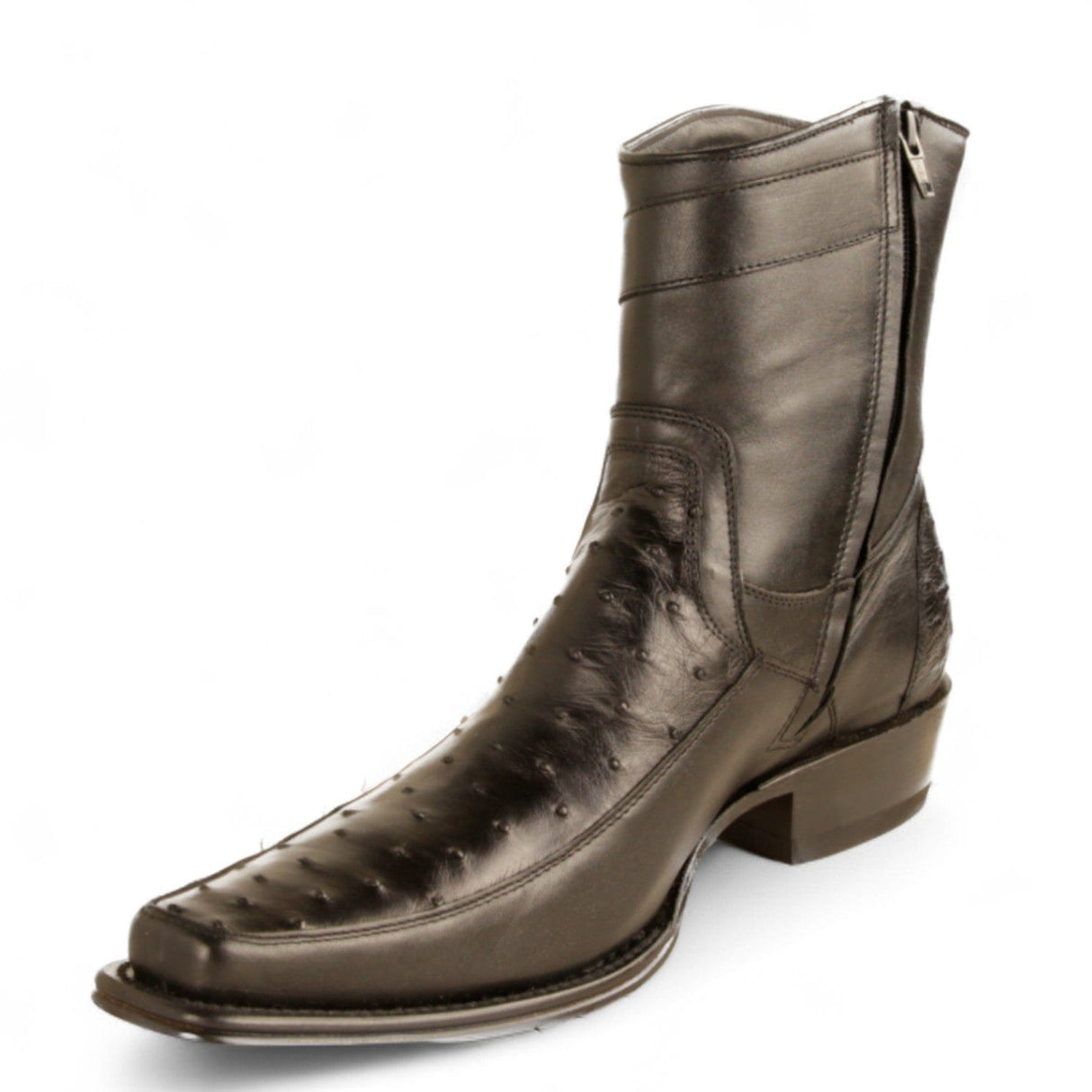 Los Altos Boots Boots Men's Genuine Ostrich Skin and Leather European Square Toe Short Boots With Zipper Black Color - Los Altos Boots