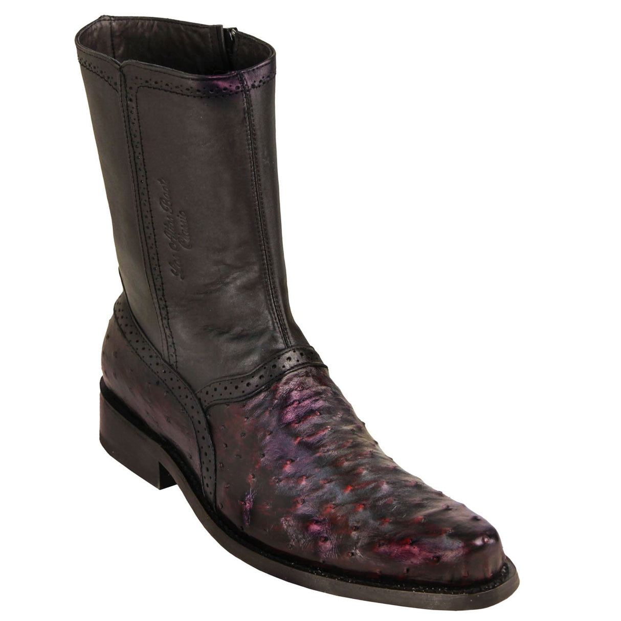Los Altos Boots Boots Men's Genuine Ostrich Skin Round Toe Short Boots With Zipper Black Cherry Color - Los Altos Boots