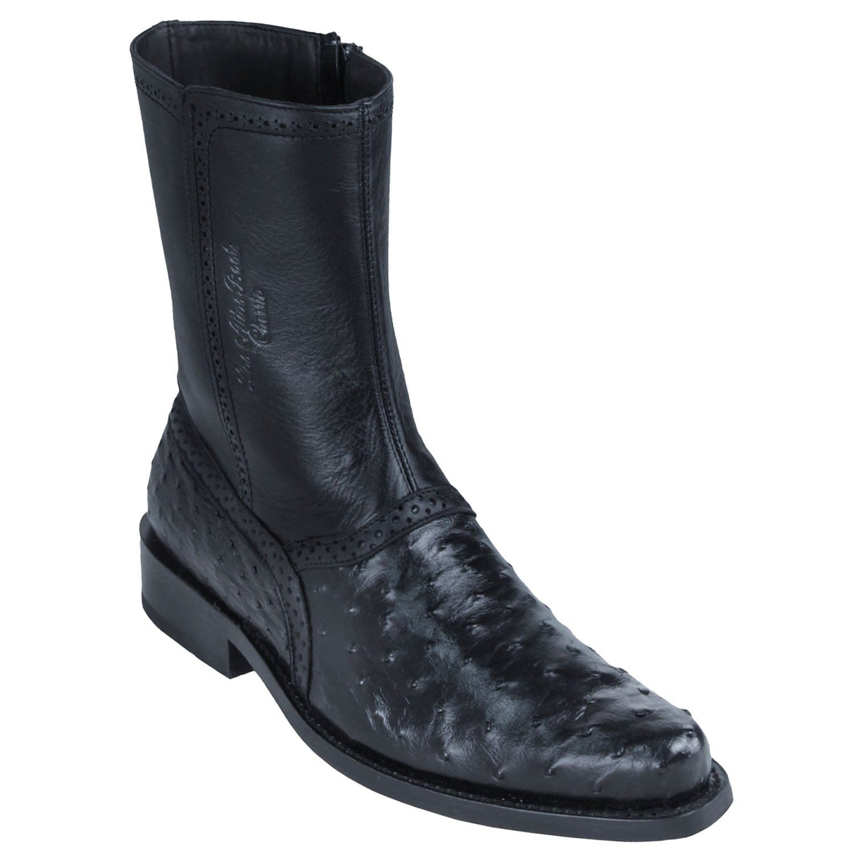 Los Altos Boots Boots Men's Genuine Ostrich Skin Round Toe Short Boots With Zipper Black Color - Los Altos Boots