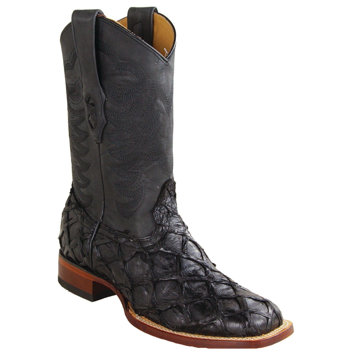 Los Altos Boots Boots Men's Genuine Piraruccu Skin Rodeo Wide Square Toe Boots Black Color - Los Altos Boots