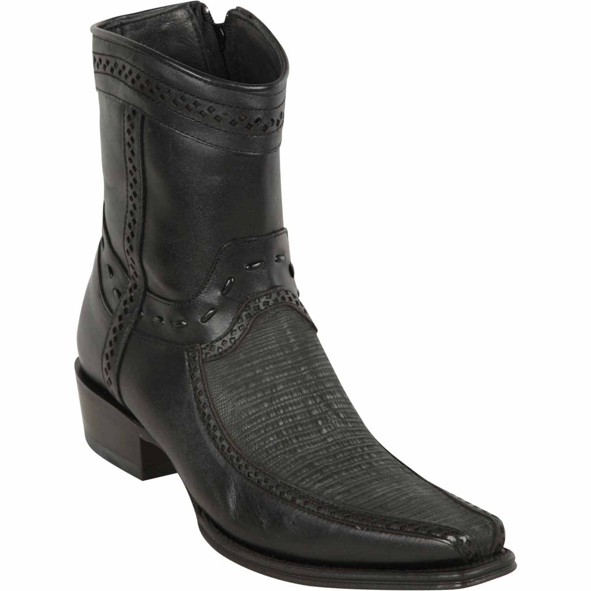 Men's Genuine Teju Lizard and Deer Skin European Square Toe Short Boots With Zipper Sanded Black Color - Los Altos Boots