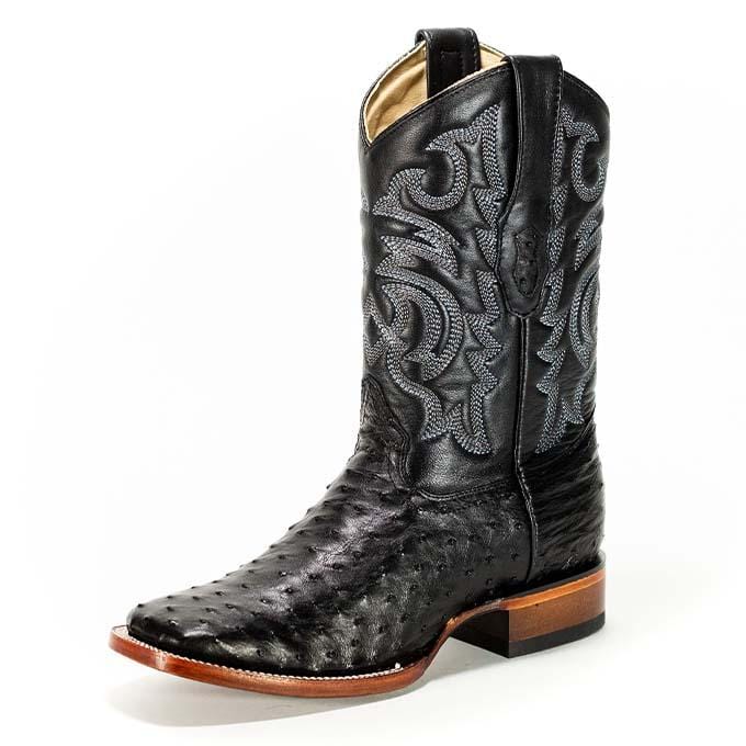 Western Genuine Ostrich Skin Rodeo Wide Square Toe Boots Black Color - Los Altos Boots - Side View