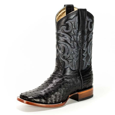 Western Genuine Ostrich Skin Rodeo Wide Square Toe Boots Black Color - Los Altos Boots - Side View