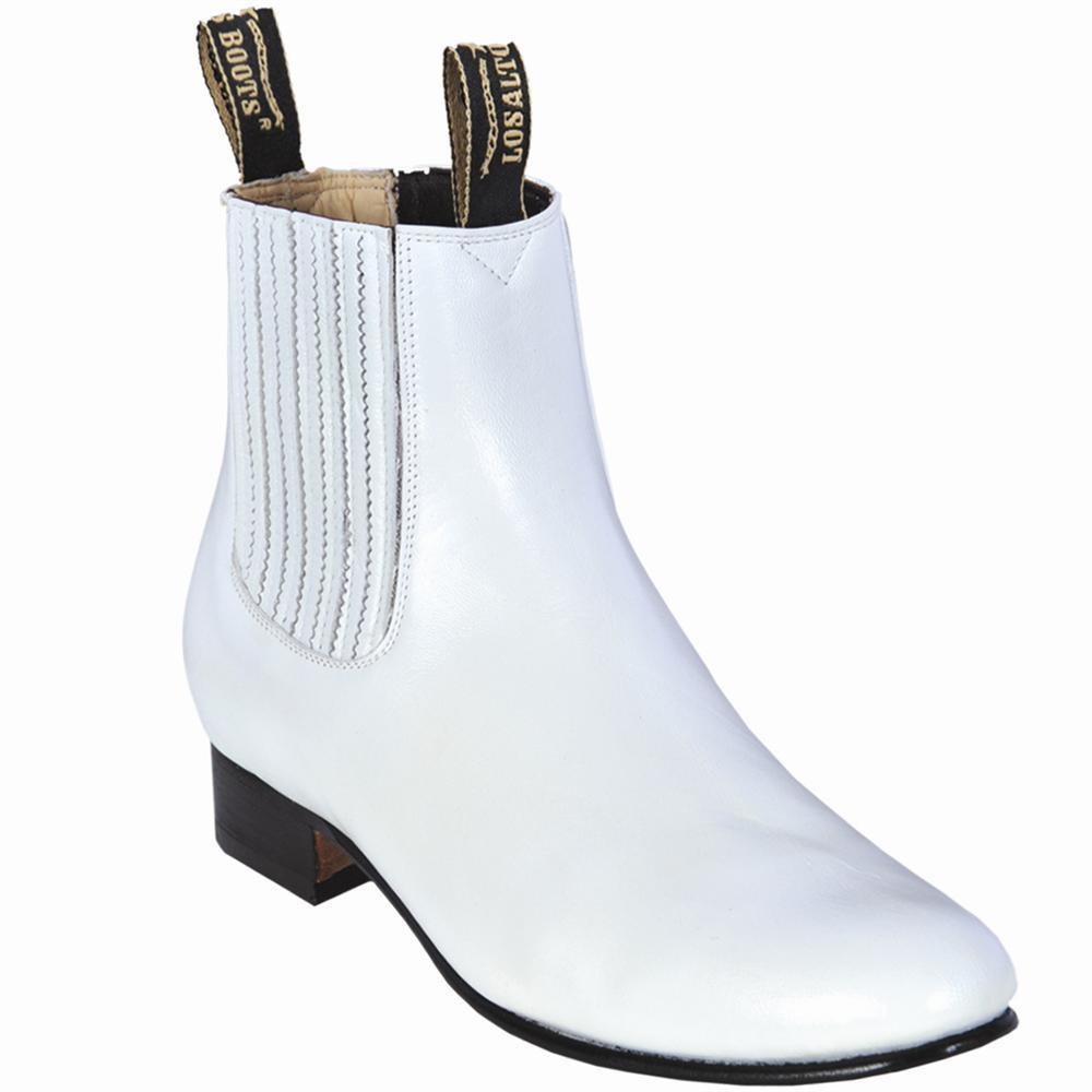Western Genuine Deer Leather Round Toe Charro Ankle Boots White Color - Los Altos Boots