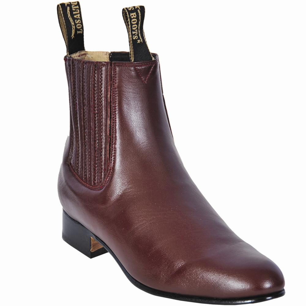 Western Genuine Deer Leather ROund Toe Charro Ankle Boots Burgundy Color - Los Altos Boots