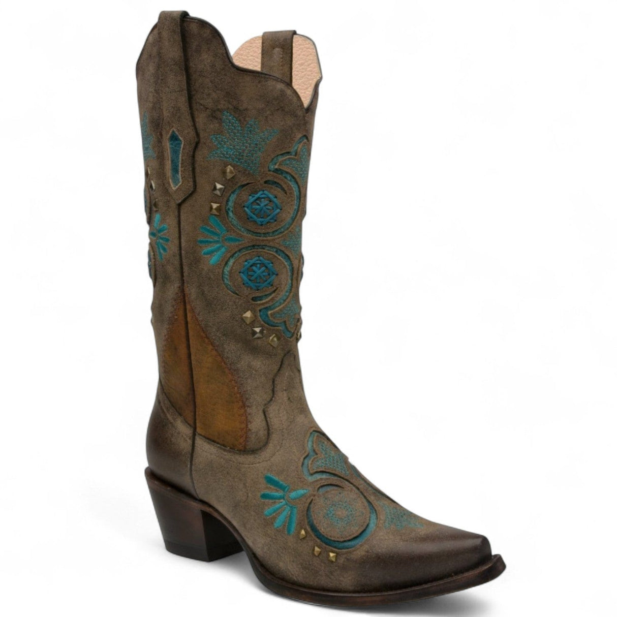 Rudel & Co. Boots Women's Genuine Leather Snip Toe Boots Pecan Brown Turquoise Details- Ive West