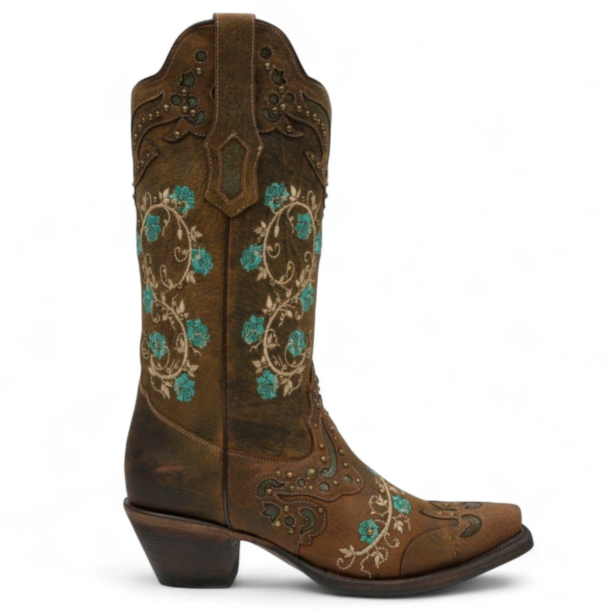 Rudel & Co. Boots Women's Genuine Leather Snip Toe Boots Pecan Brown With Flowers - Ive West